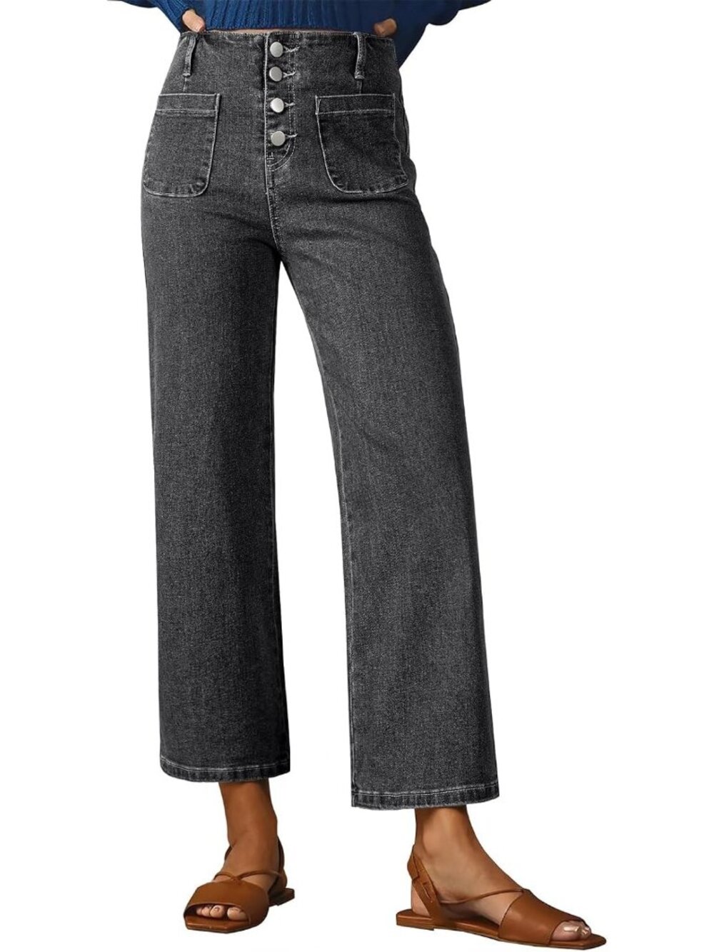 Women's Grey High Waisted Jeans Stretchy Denim Pant Casual Wide Leg Jeans